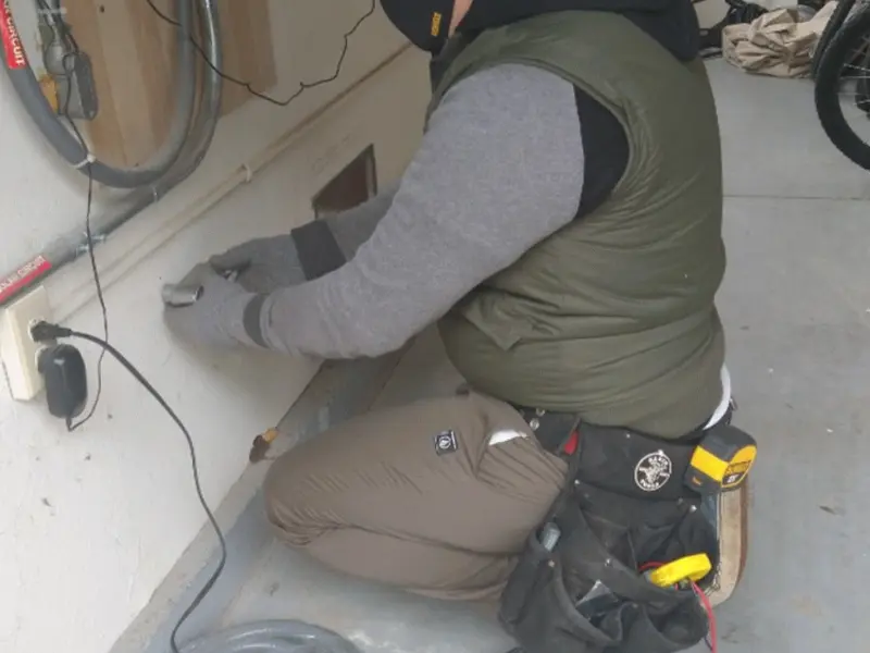 Electrician performing outlet wiring in a Goodyear garage